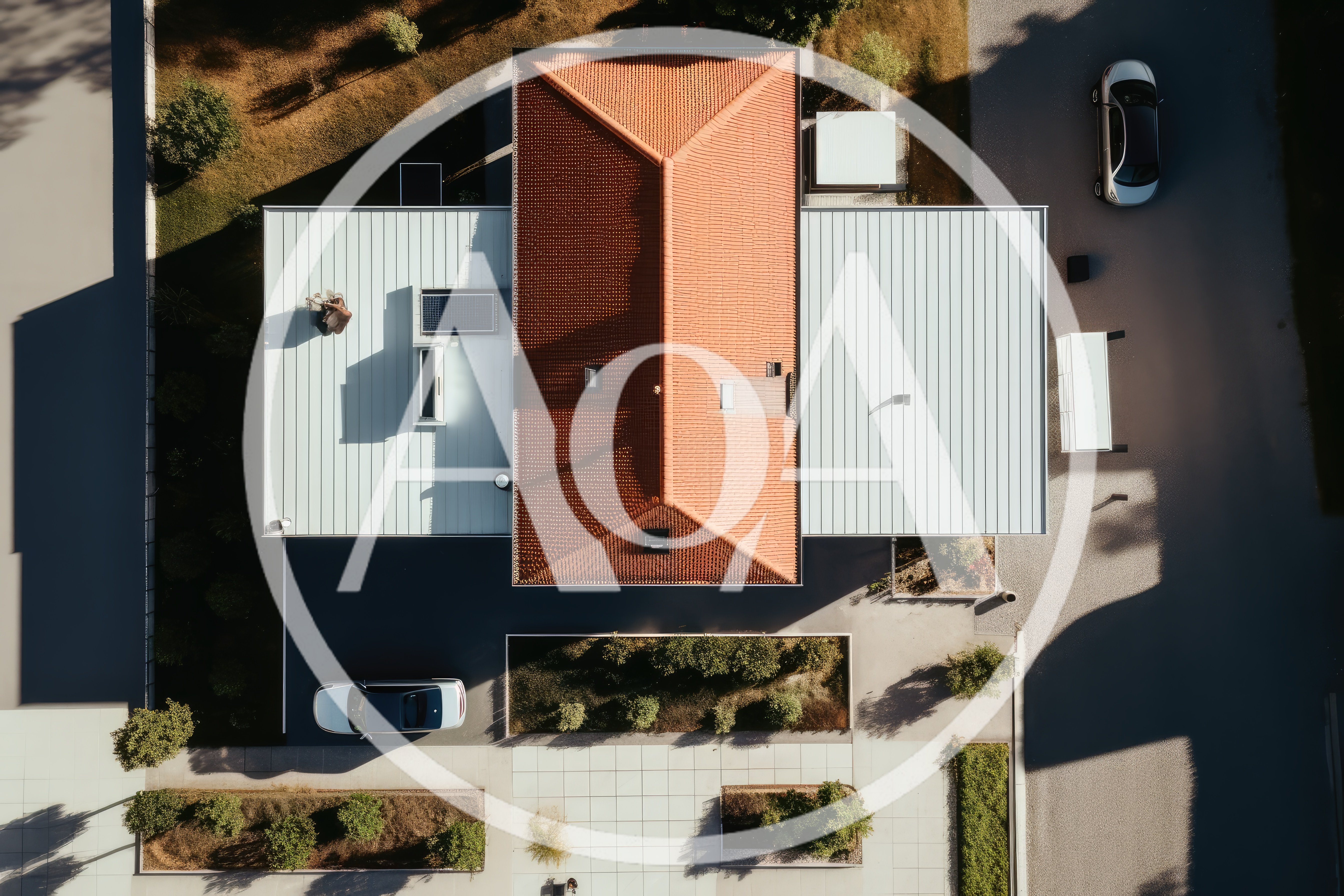 Aerial View Of Modern House With Tiled Roof