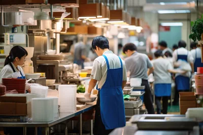 Professional Kitchen Staff Preparing Food In Commercial Restaurant