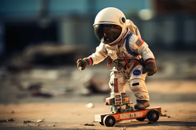 Small Astronaut Riding A Toy Skateboard