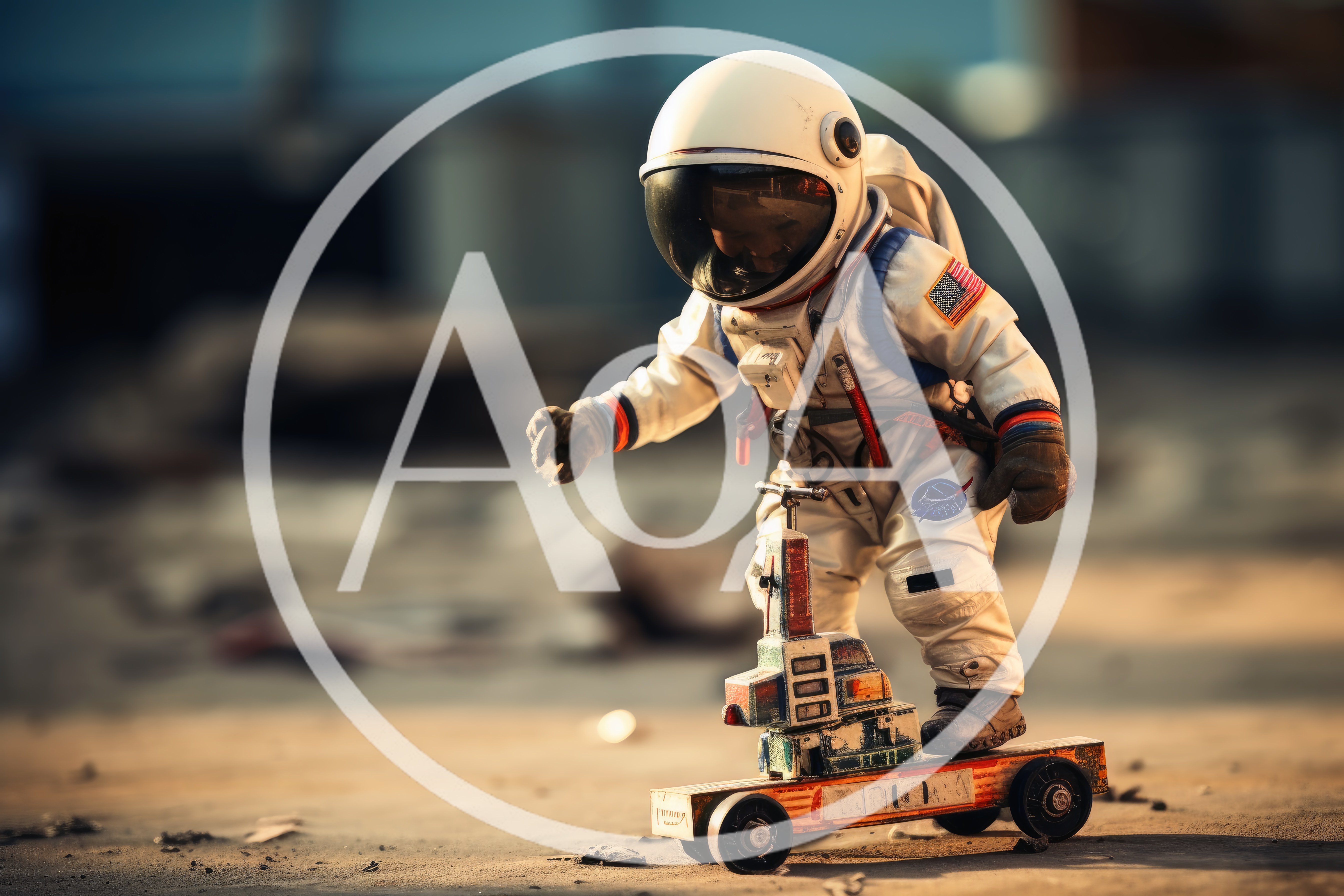 Small Astronaut Riding A Toy Skateboard
