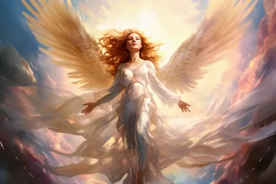 Ethereal Angel With Large Wings In Radiant Sky