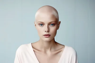 Portrait Of A Young Bald Woman With Blue Eyes