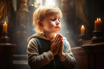 Young Boy Praying With Clasped Hands In Church