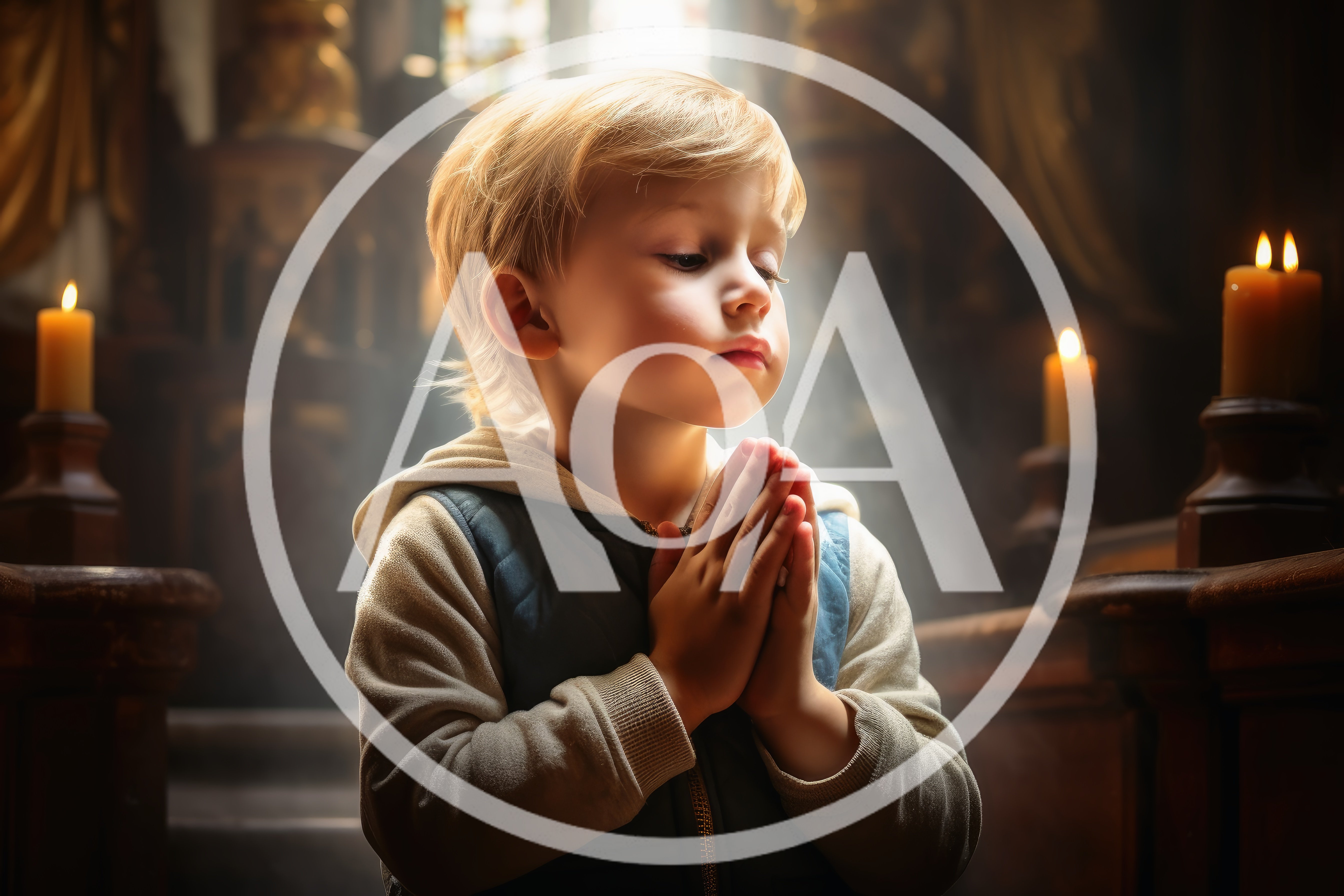 Young Boy Praying With Clasped Hands In Church