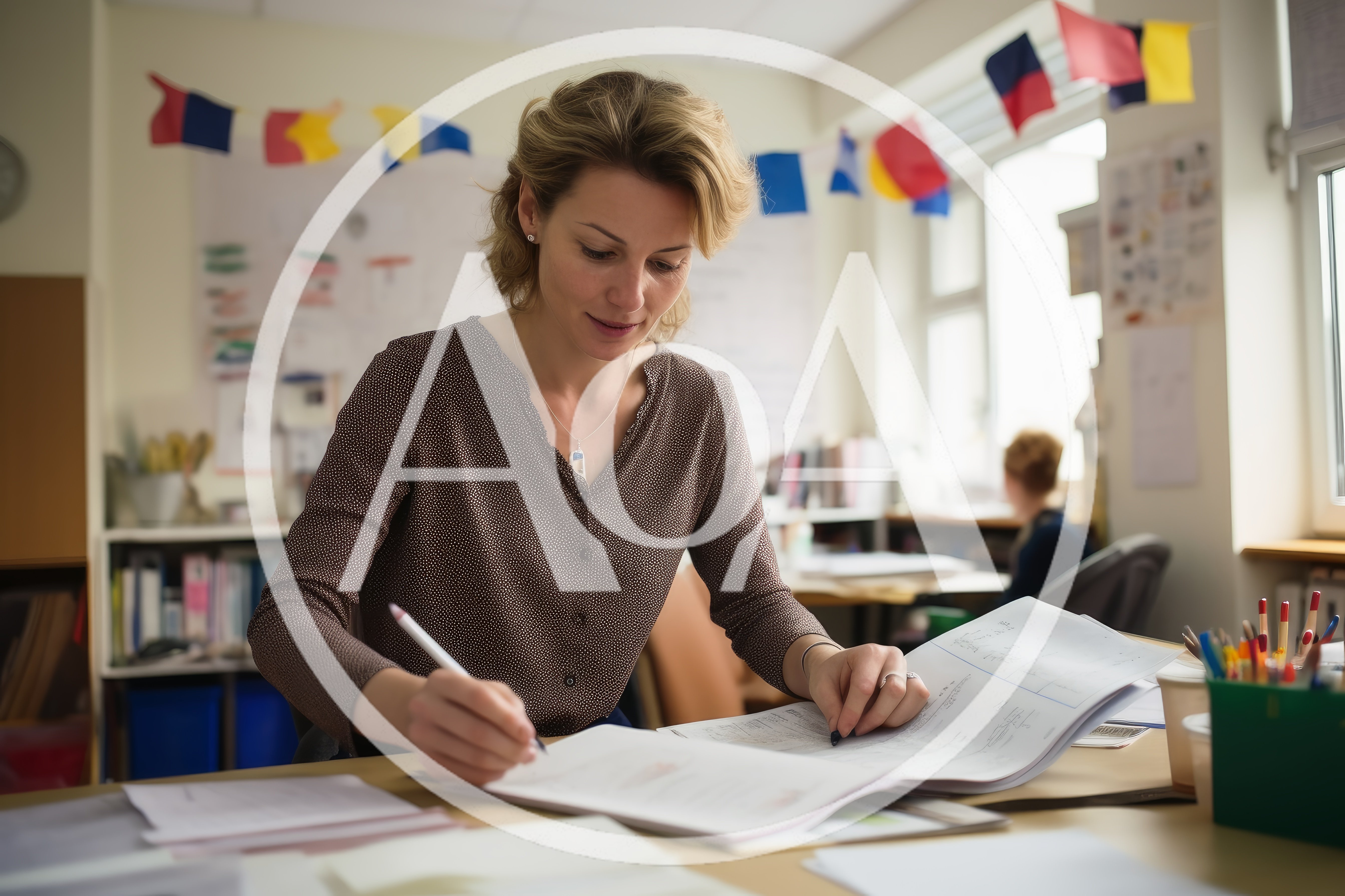 Female Teacher Grading Student Papers In Classroom