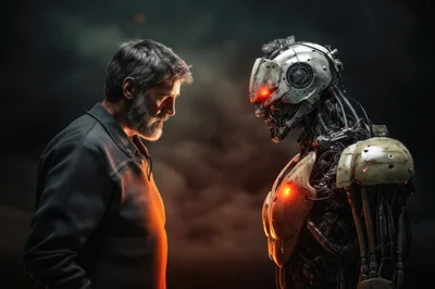 Man Facing A Futuristic Cyborg In A Dark Setting
