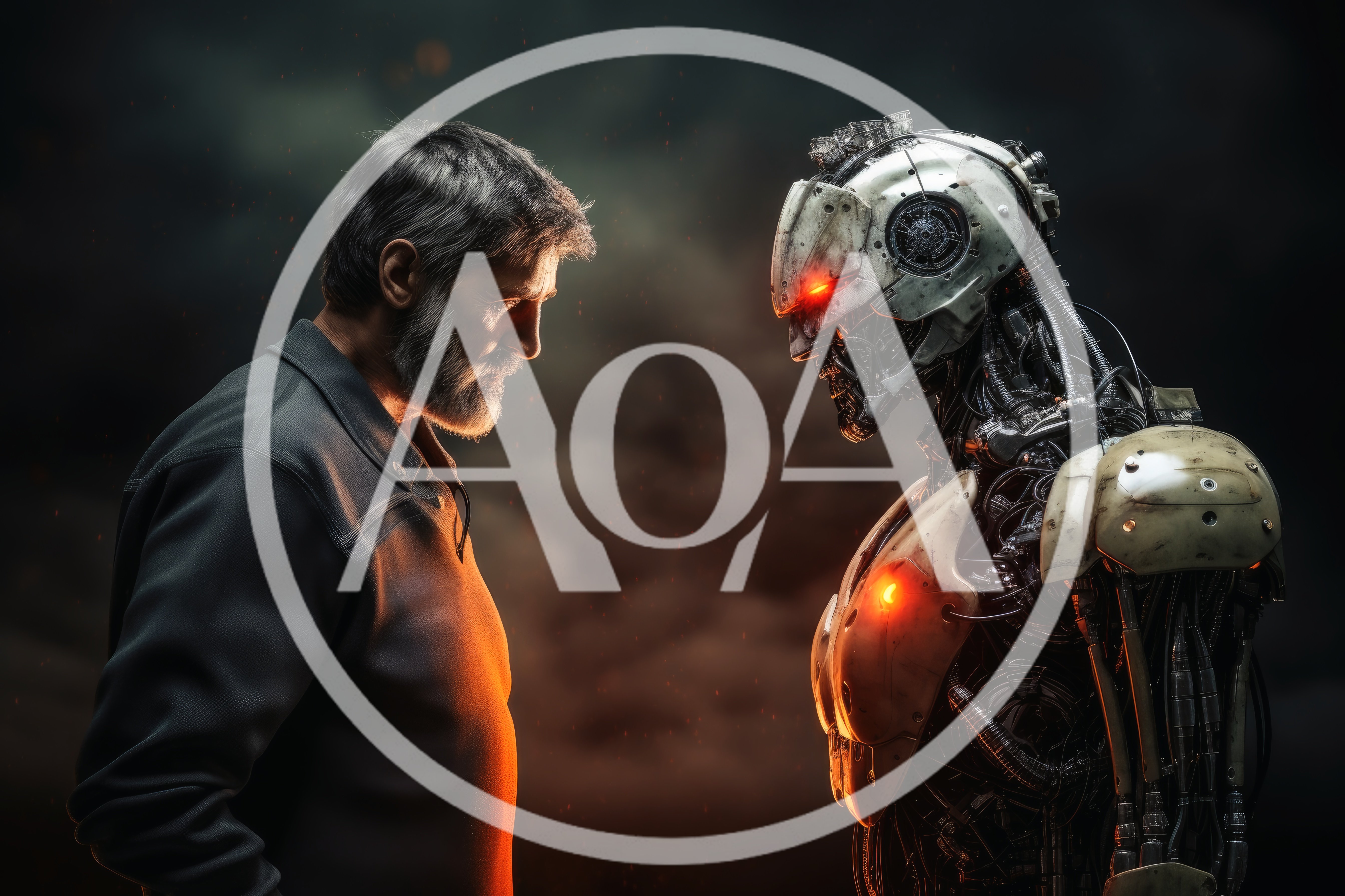 Man Facing A Futuristic Cyborg In A Dark Setting