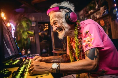 Elderly Man Gaming on Computer in Neon Lit Room