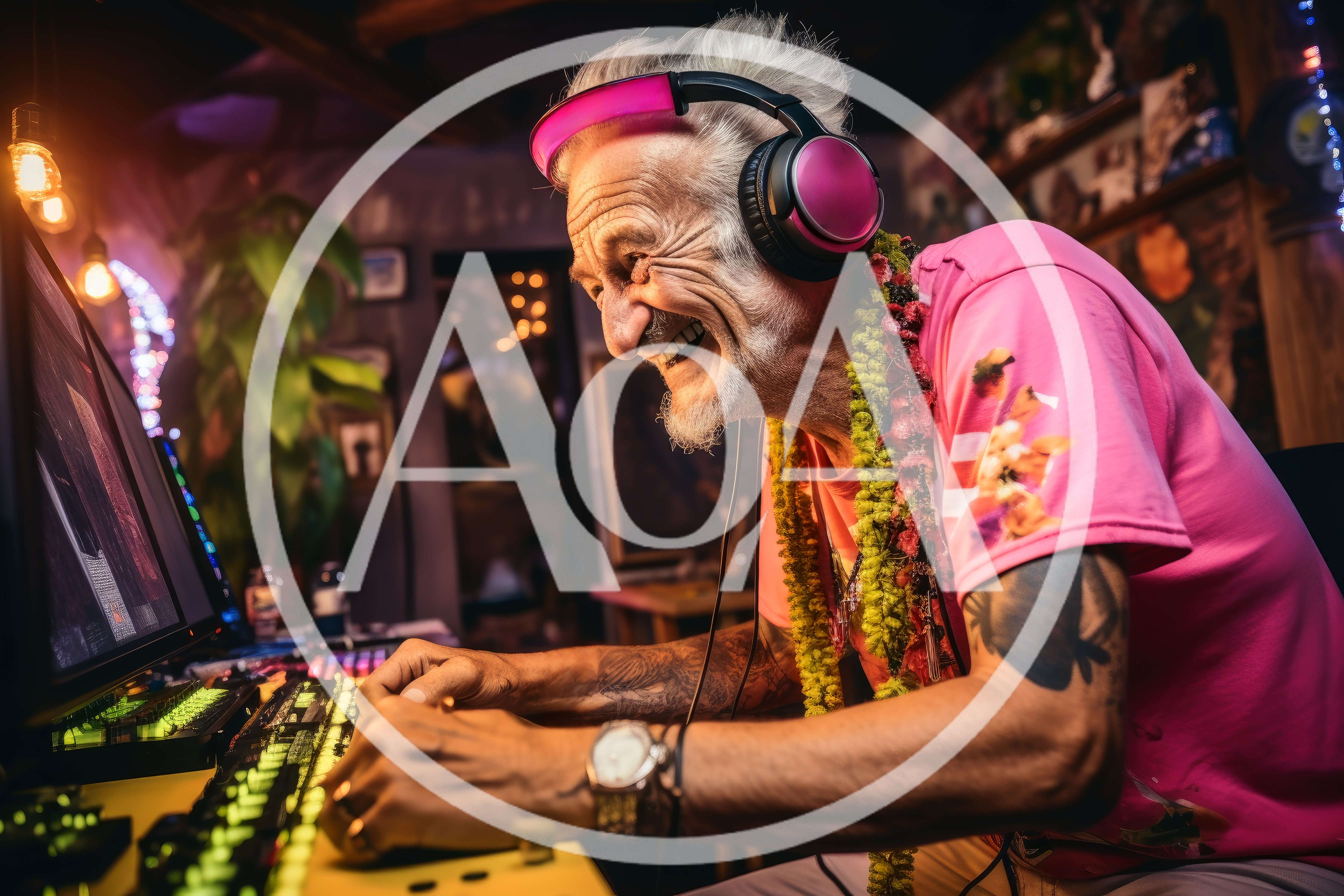 Elderly Man Gaming on Computer in Neon Lit Room