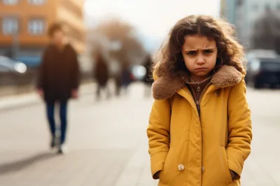Upset Young Girl Standing Alone On City Street
