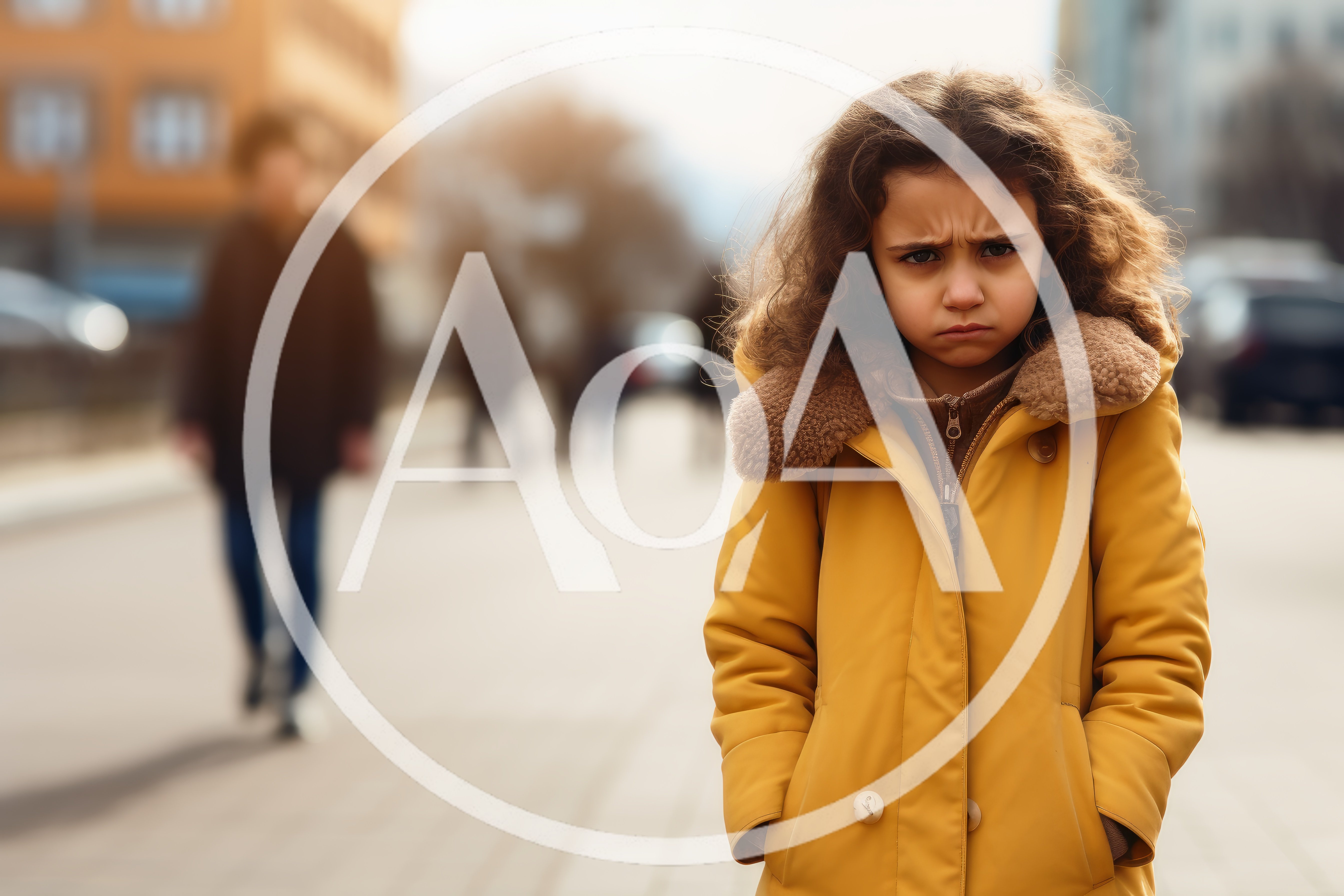 Upset Young Girl Standing Alone On City Street