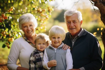 Grandparents Posing With Grandchildren In An Autumn Orchard