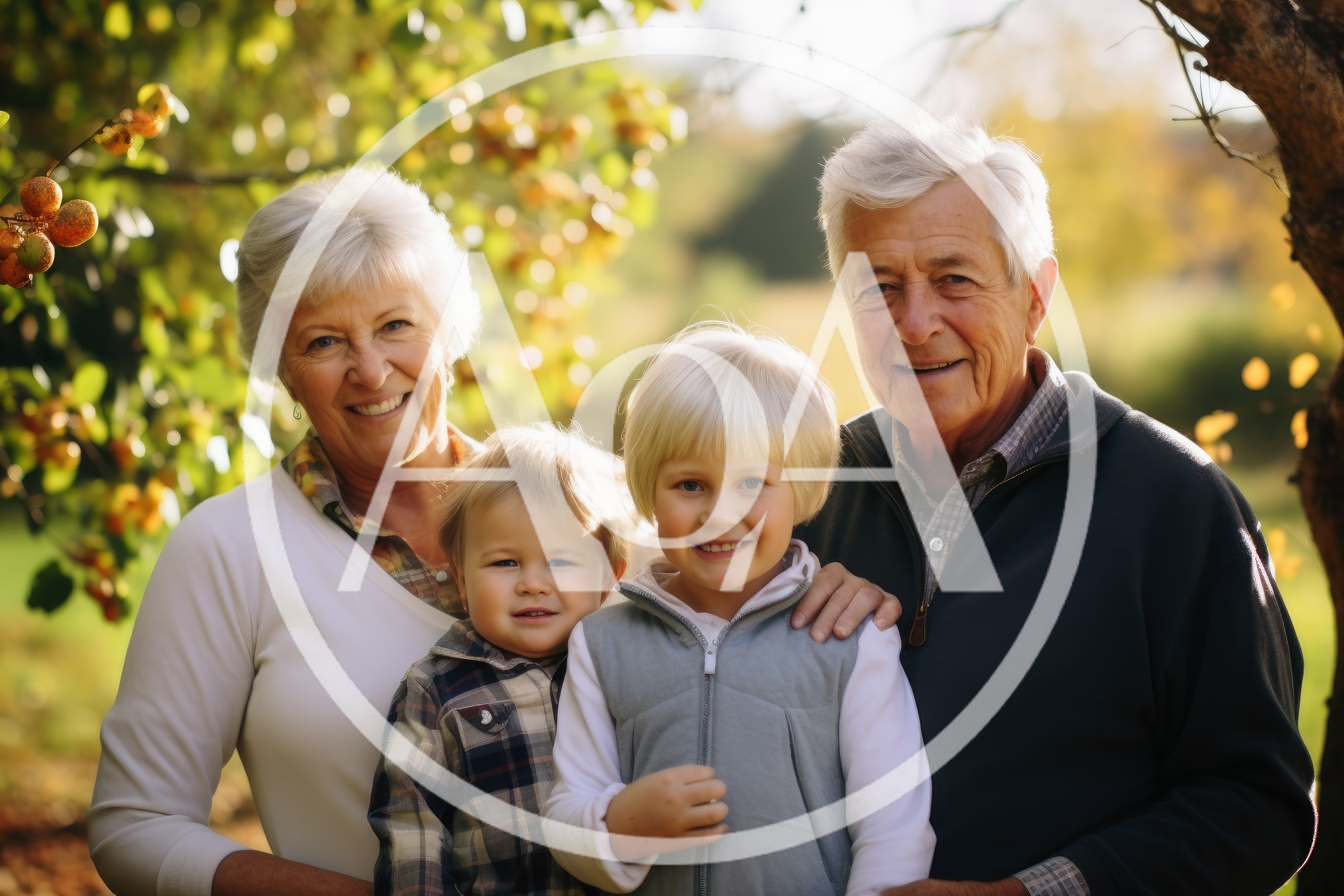 Grandparents Posing With Grandchildren In An Autumn Orchard