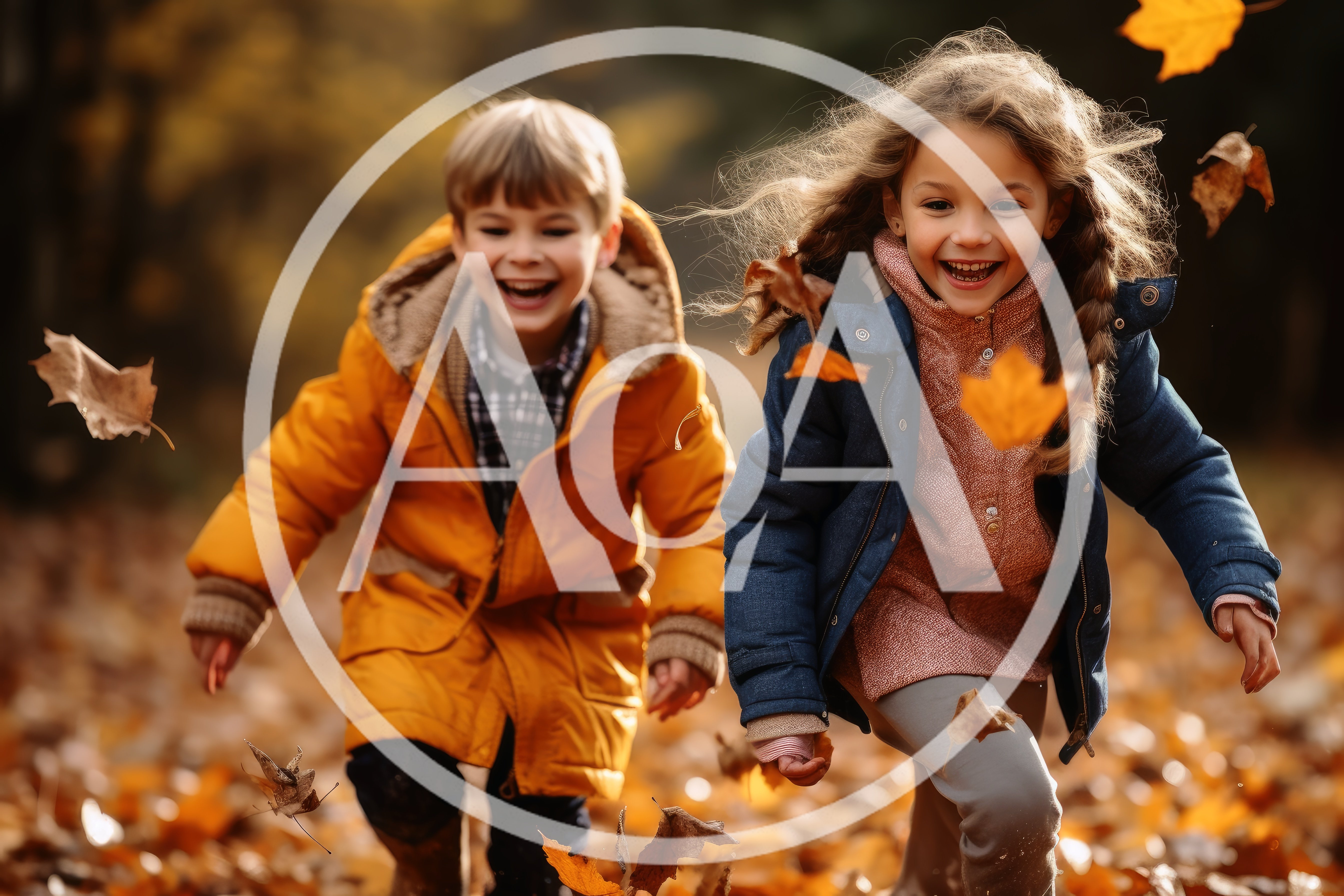 Happy Children Running Through Autumn Leaves