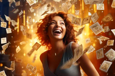 Excited Woman Surrounded By Falling Money