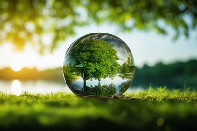 Crystal Ball Reflecting A Lush Green Tree At Sunset