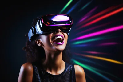 Excited Woman Wearing Virtual Reality Headset With Neon Lights