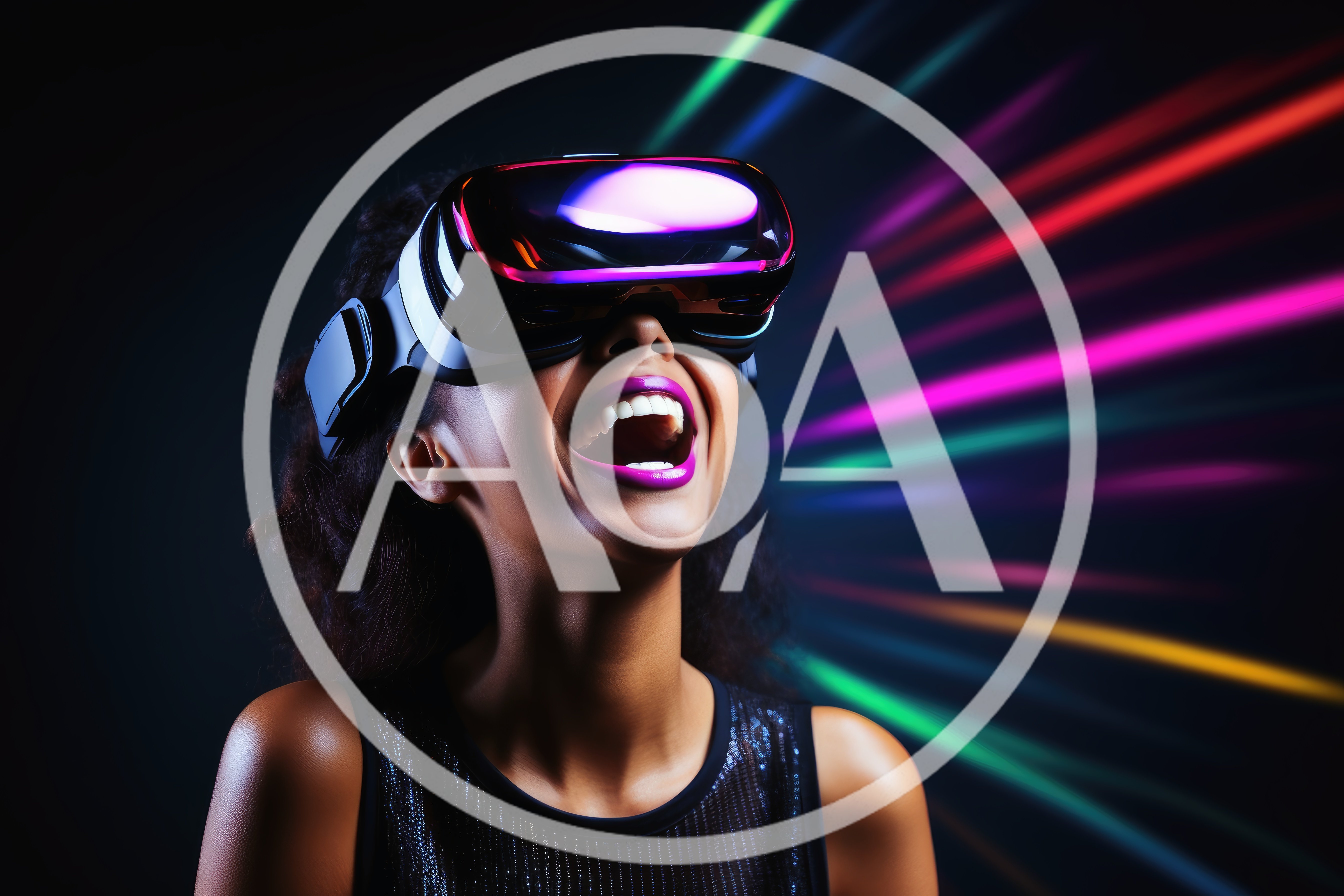 Excited Woman Wearing Virtual Reality Headset With Neon Lights