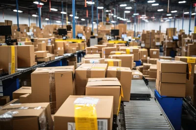 Cardboard Boxes Moving Along Warehouse Conveyor Belt