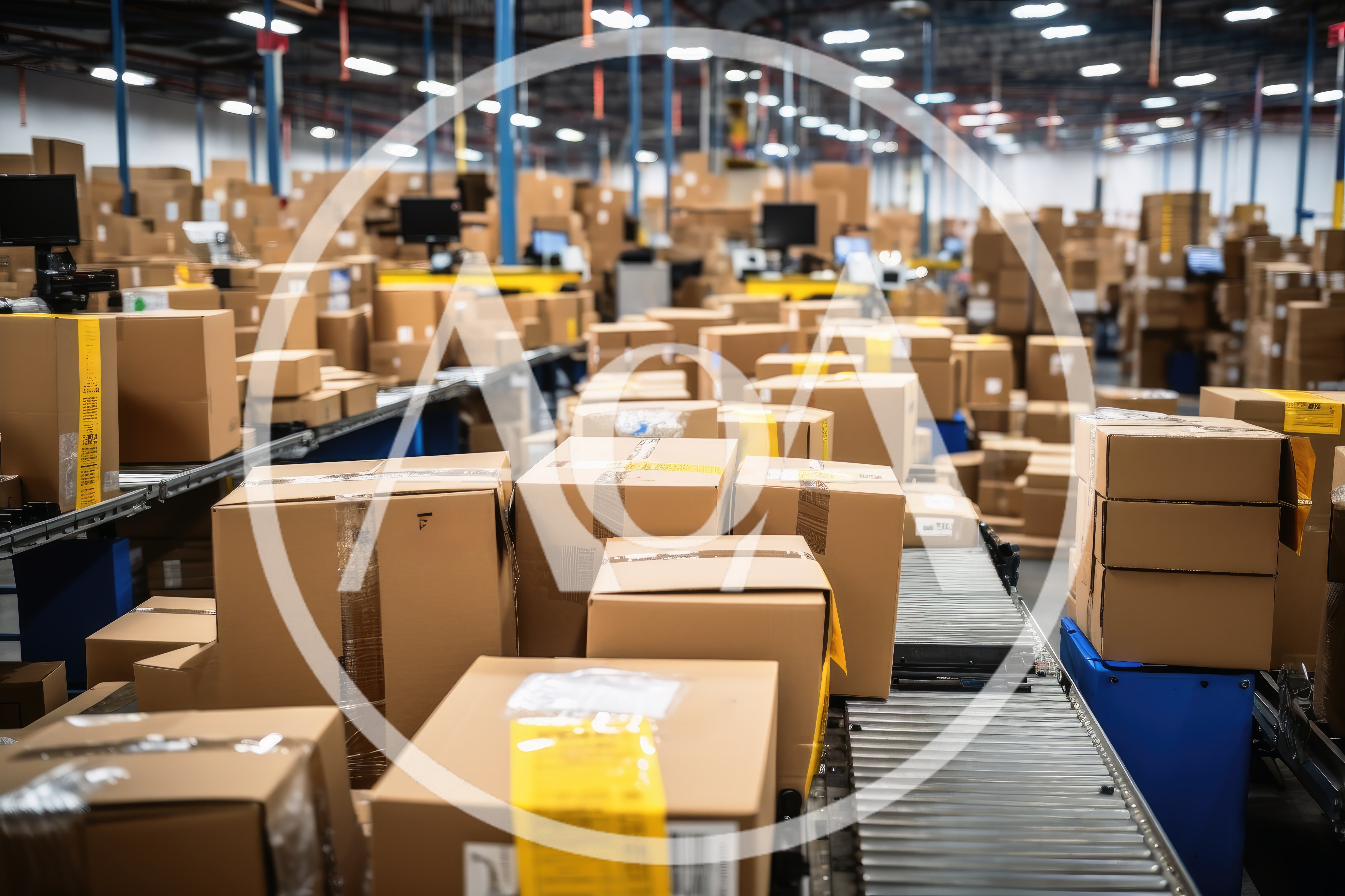 Cardboard Boxes Moving Along Warehouse Conveyor Belt