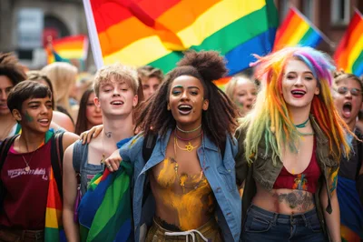 Diverse Group Of Young People Celebrating At Pride Parade