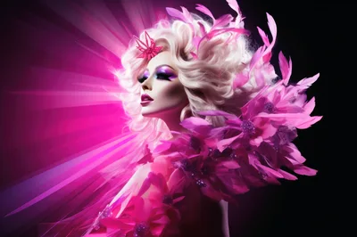 Glamorous Drag Queen With Pink Feathers And Radiant Lighting