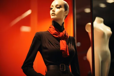 Fashion Mannequin Wearing Black Dress And Red Scarf