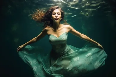 Woman In Floral Dress Floating Underwater
