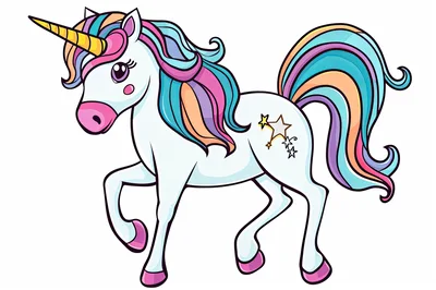 Cute Cartoon Unicorn With Colorful Mane And Tail