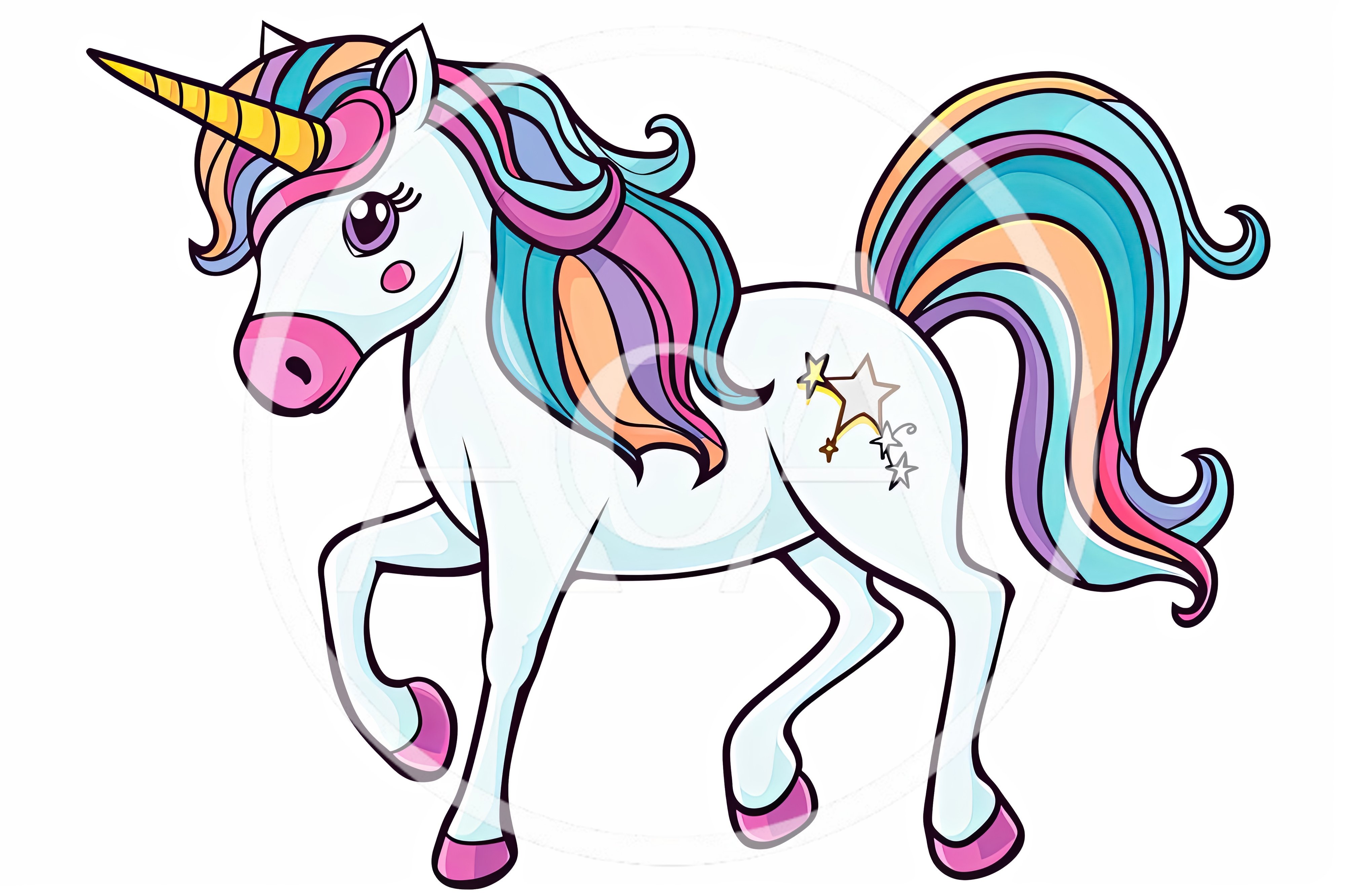 Cute Cartoon Unicorn With Colorful Mane And Tail