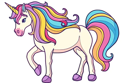 Cartoon Unicorn Illustration With Colorful Rainbow Mane