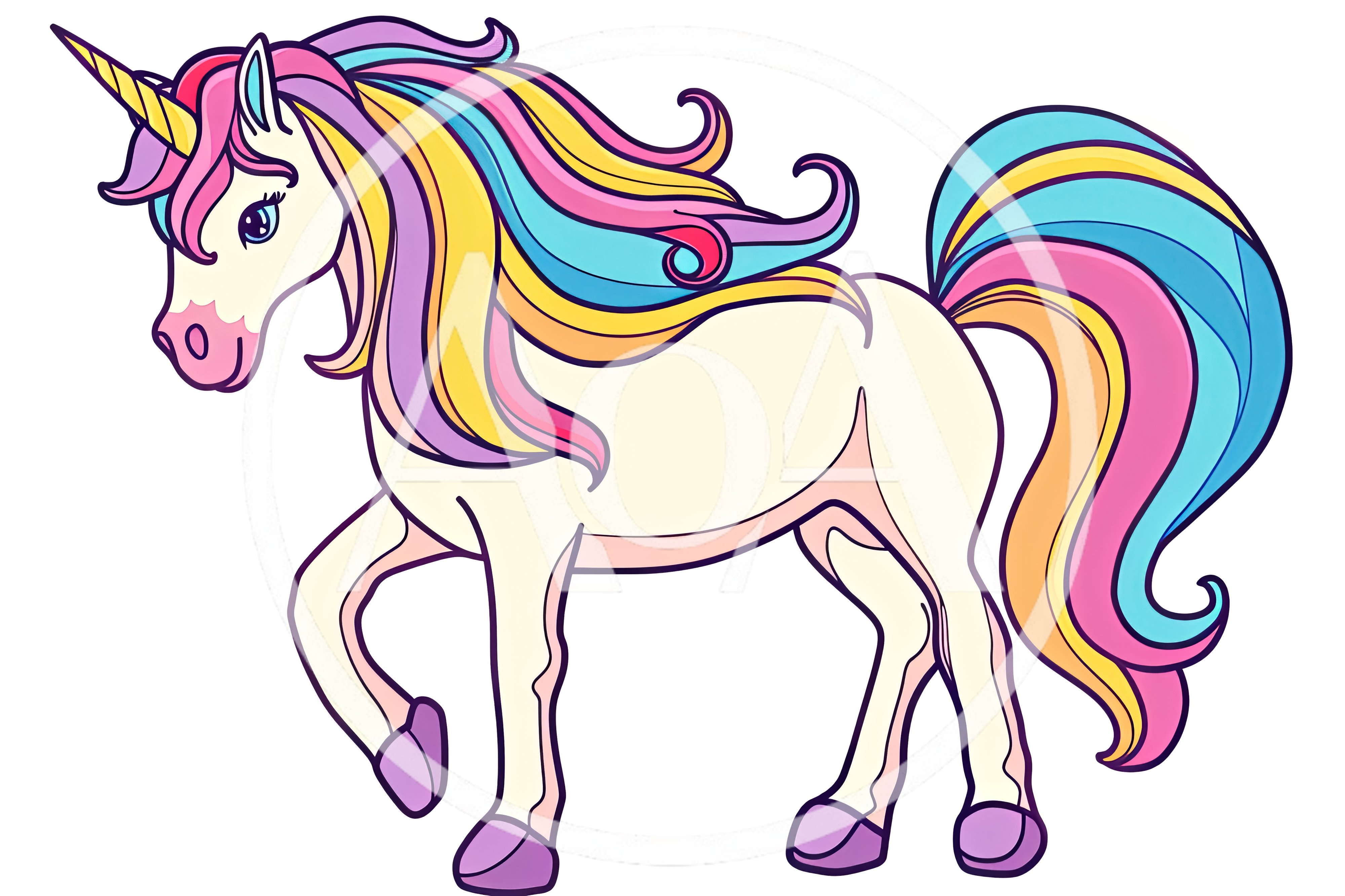 Cartoon Unicorn Illustration With Colorful Rainbow Mane