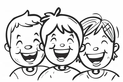 Three Happy Children Laughing Together Line Art