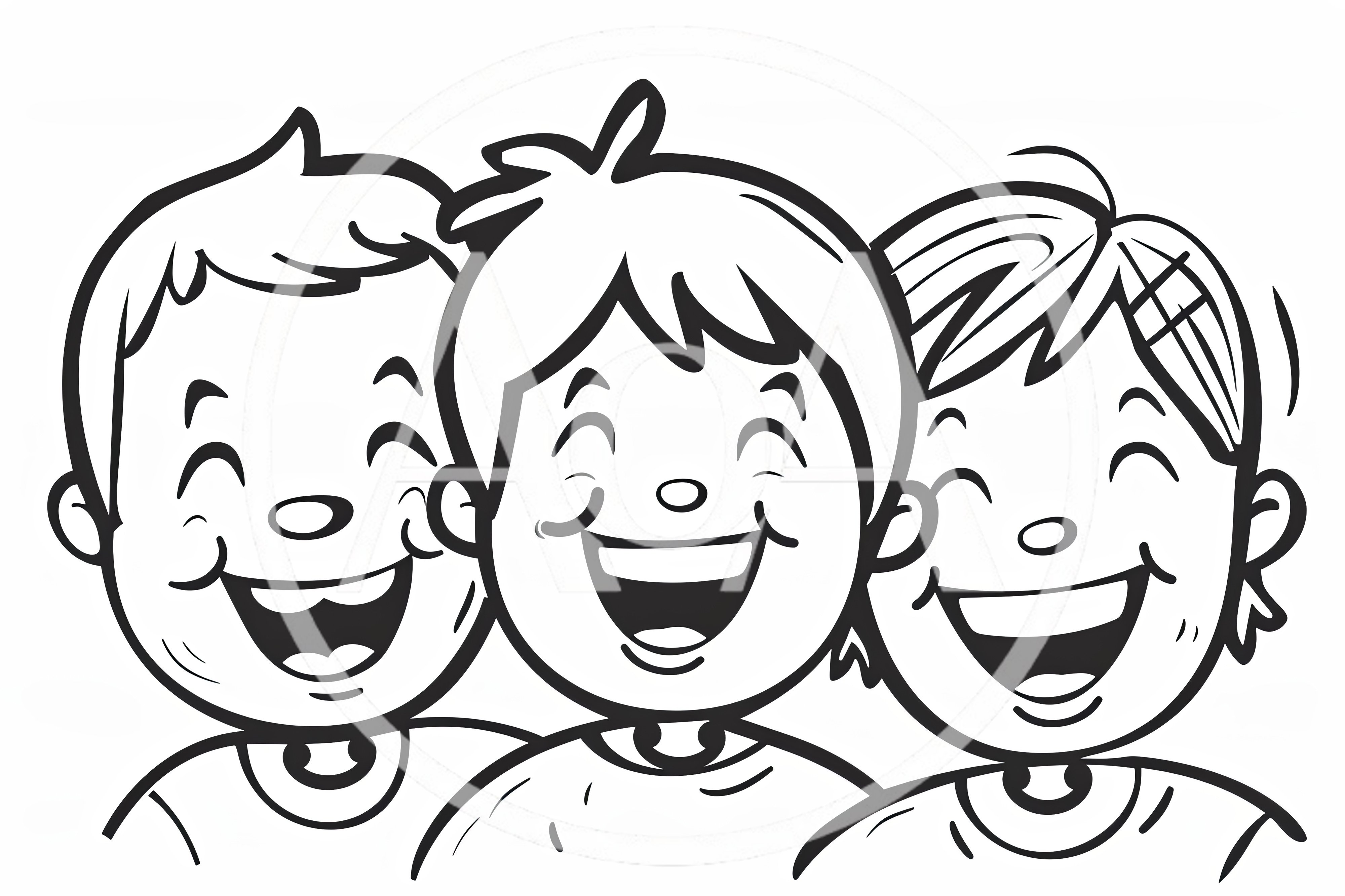 Three Happy Children Laughing Together Line Art