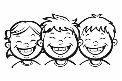 Three Happy Children Smiling Together Line Art