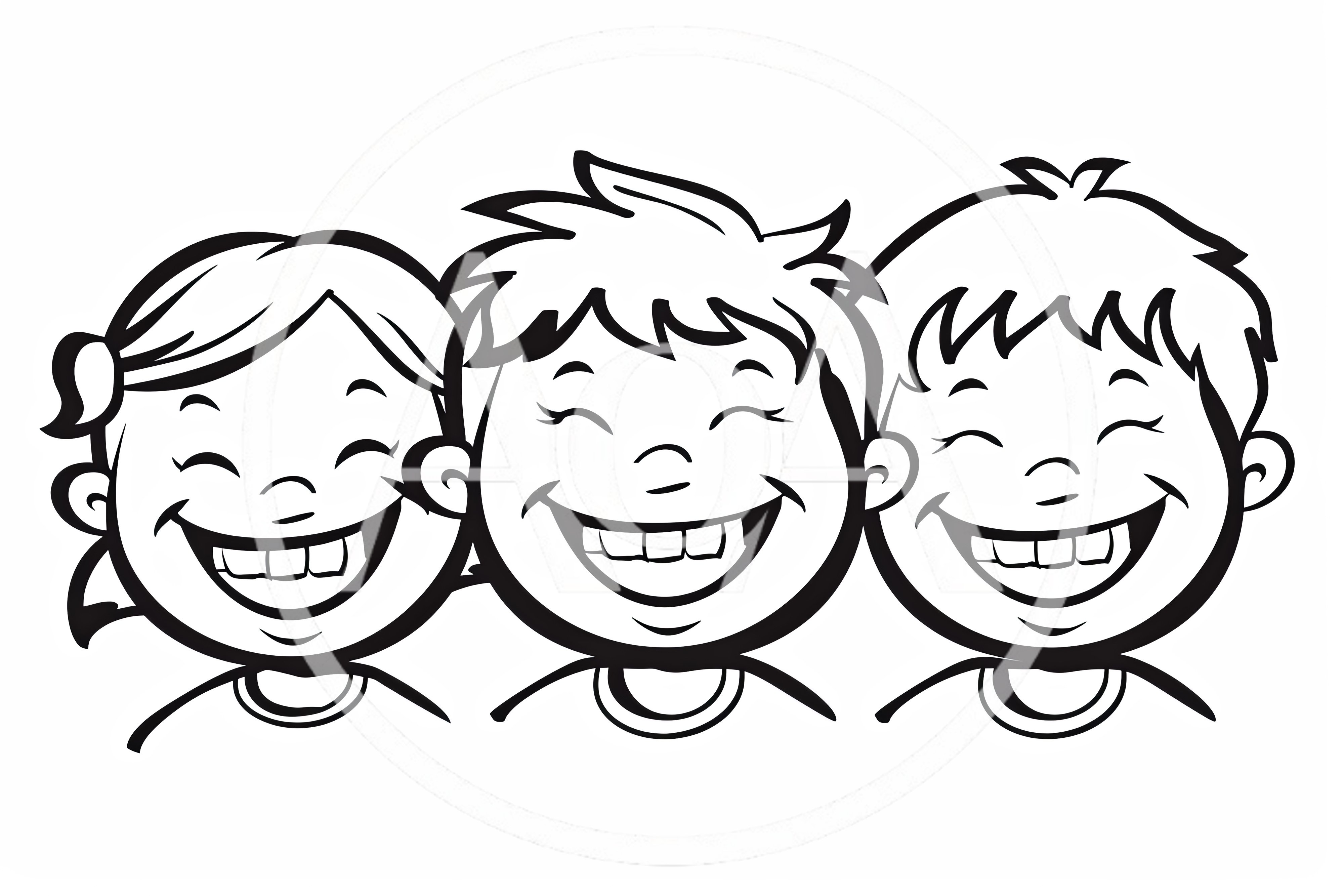 Three Happy Children Smiling Together Line Art
