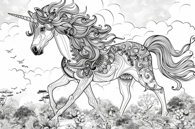 Intricate Line Art Unicorn In A Magical Landscape