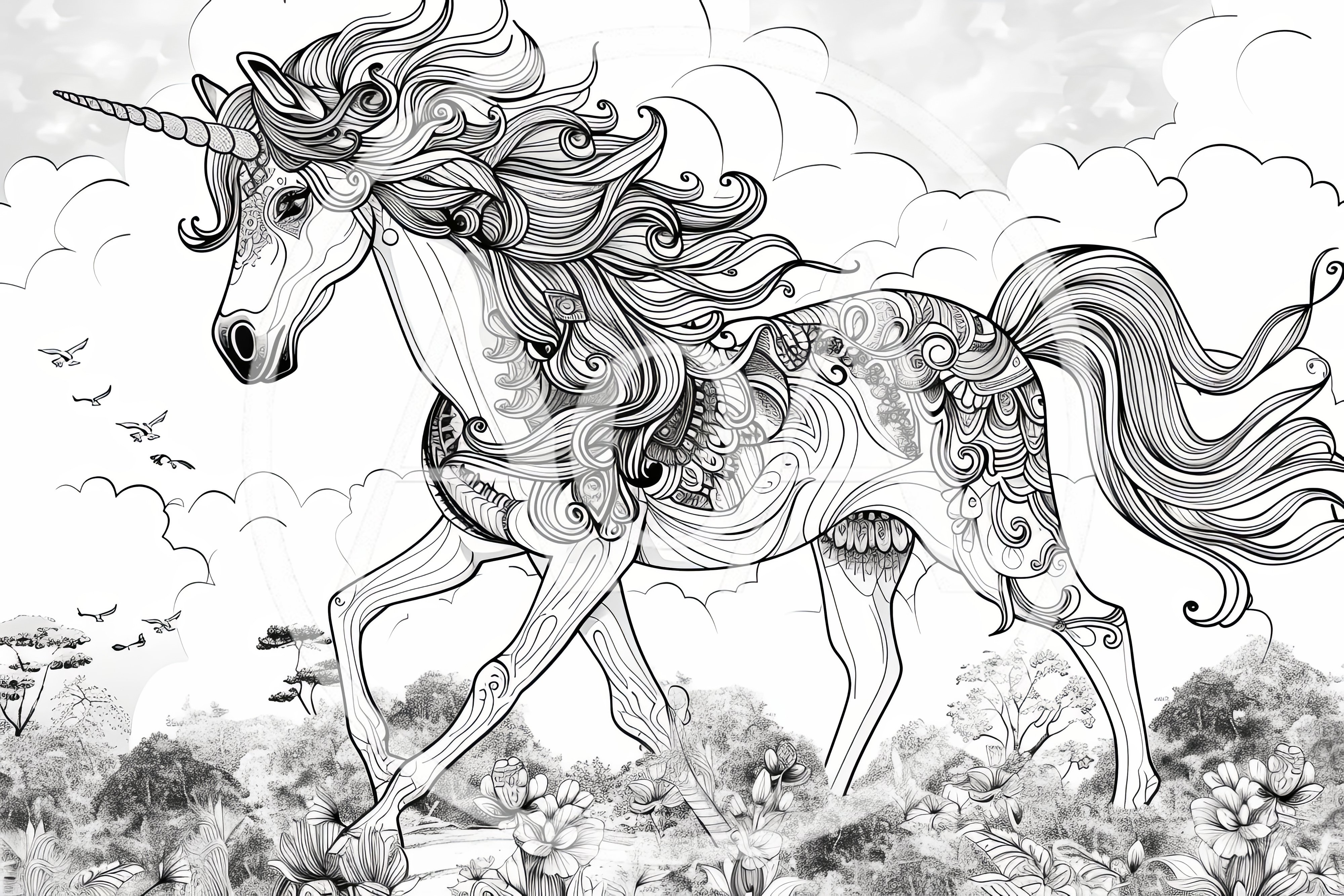 Intricate Line Art Unicorn In A Magical Landscape