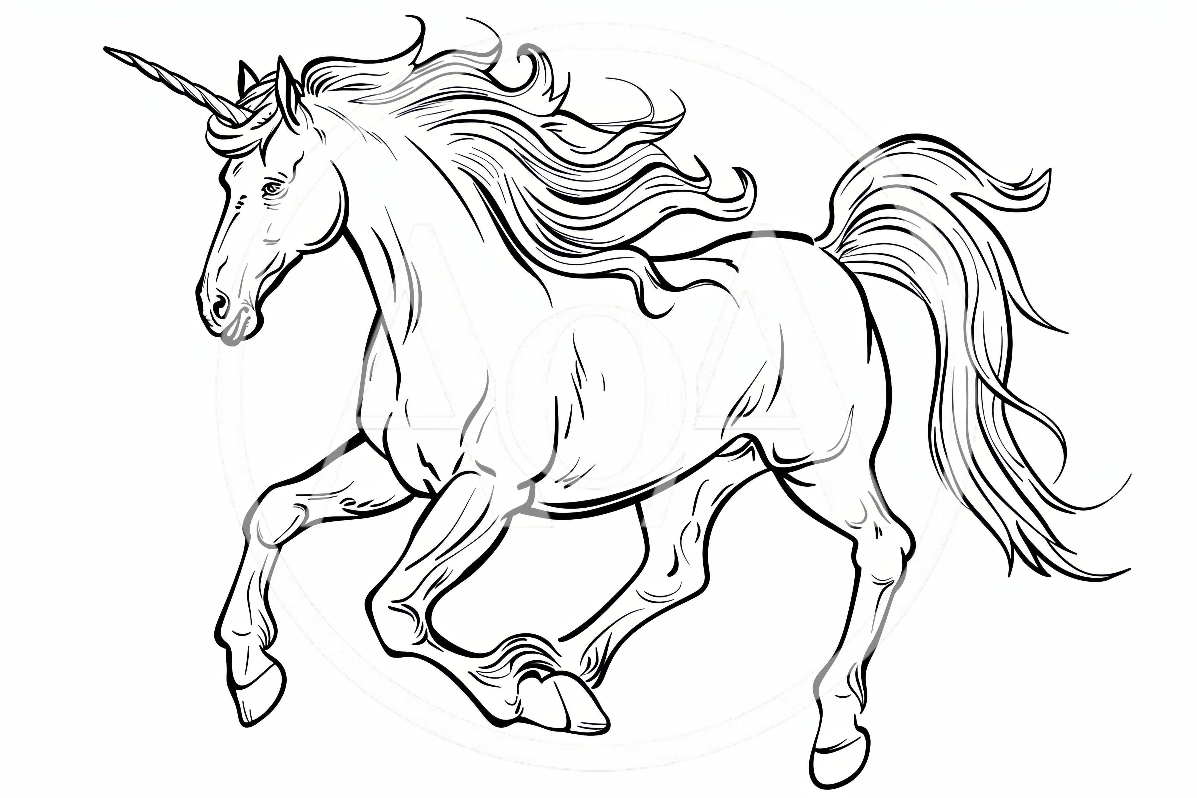 Black And White Line Art Of A Running Unicorn