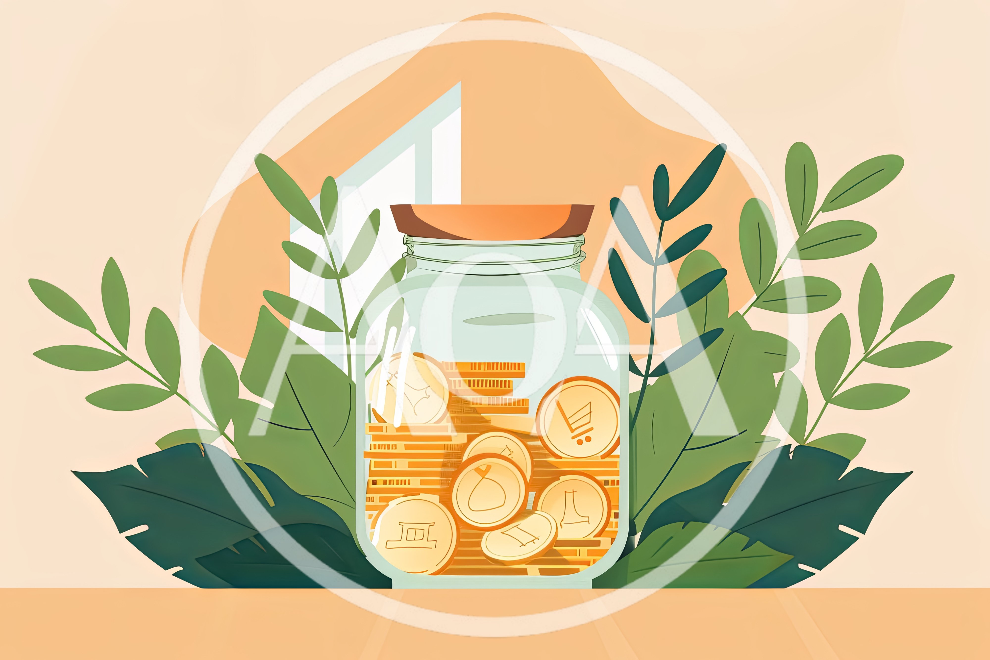 Glass Jar Filled With Gold Coins And Plant Foliage