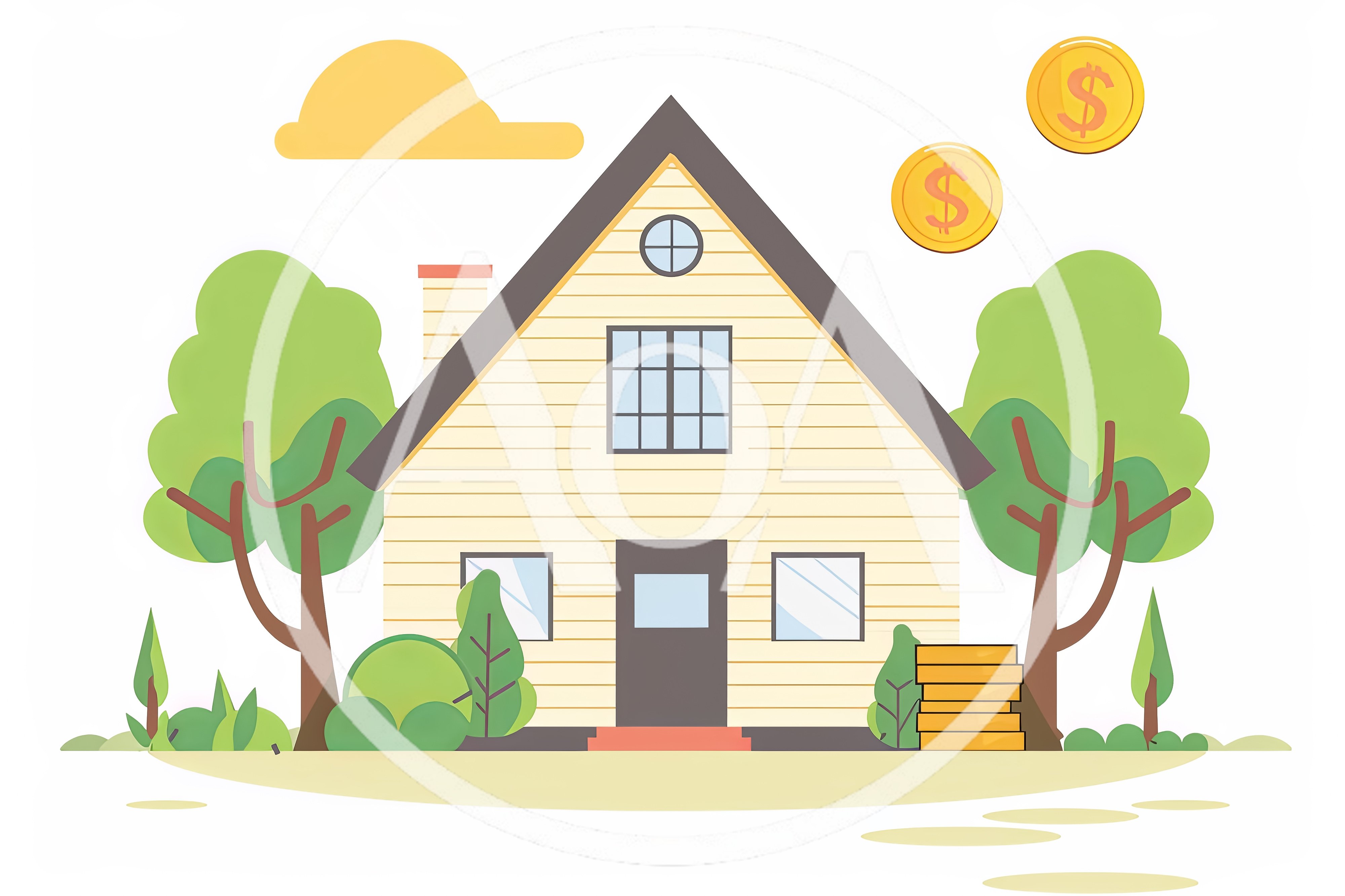 Flat Illustration Of A Residential House With Financial Symbols