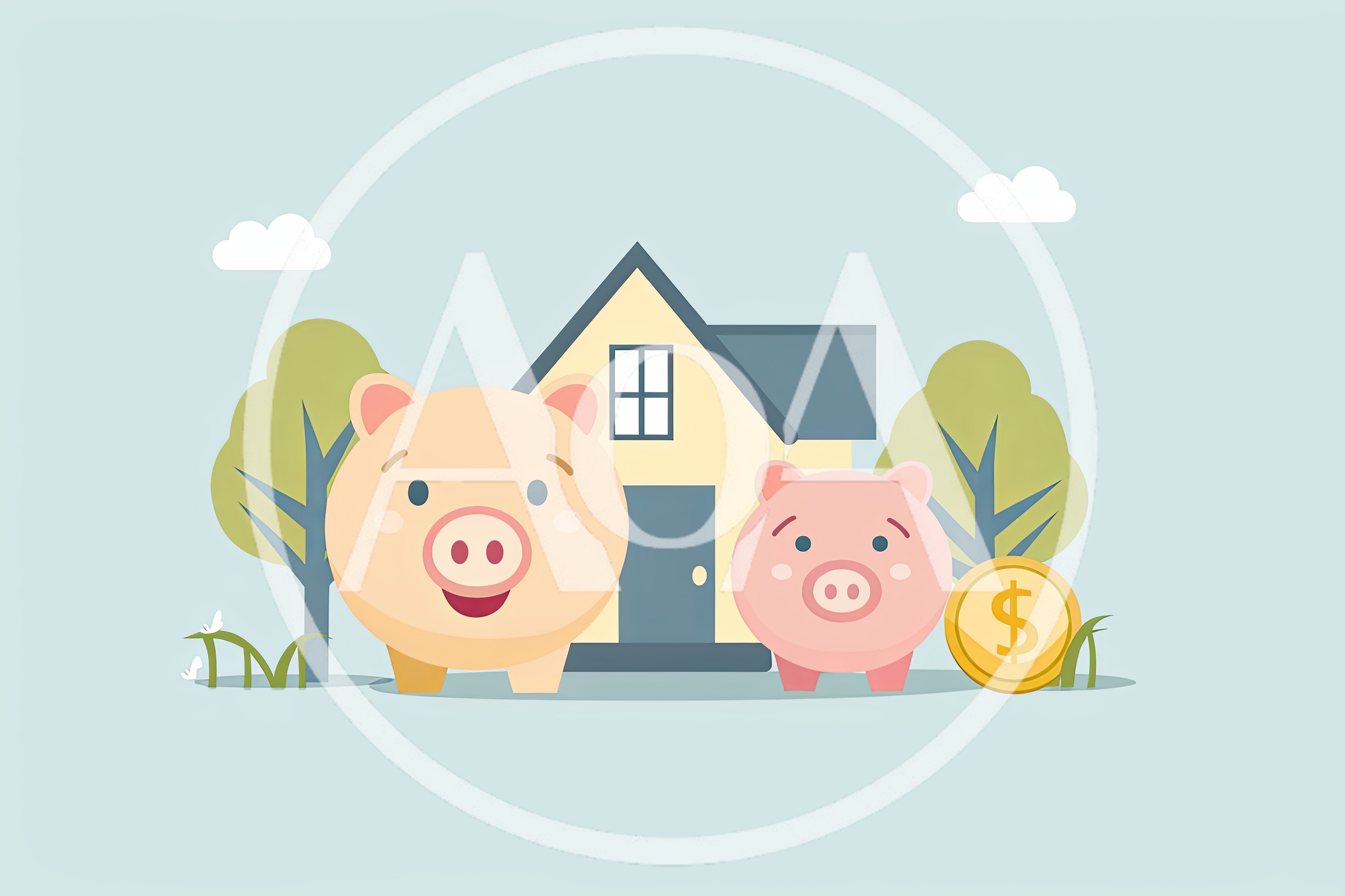 Two Piggy Banks With House And Coin