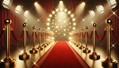 Red Carpet Entrance With Golden Stanchions And Spotlights