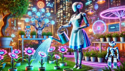 Futuristic Android Robot Watering Glowing Flowers in Cyberpunk Garden