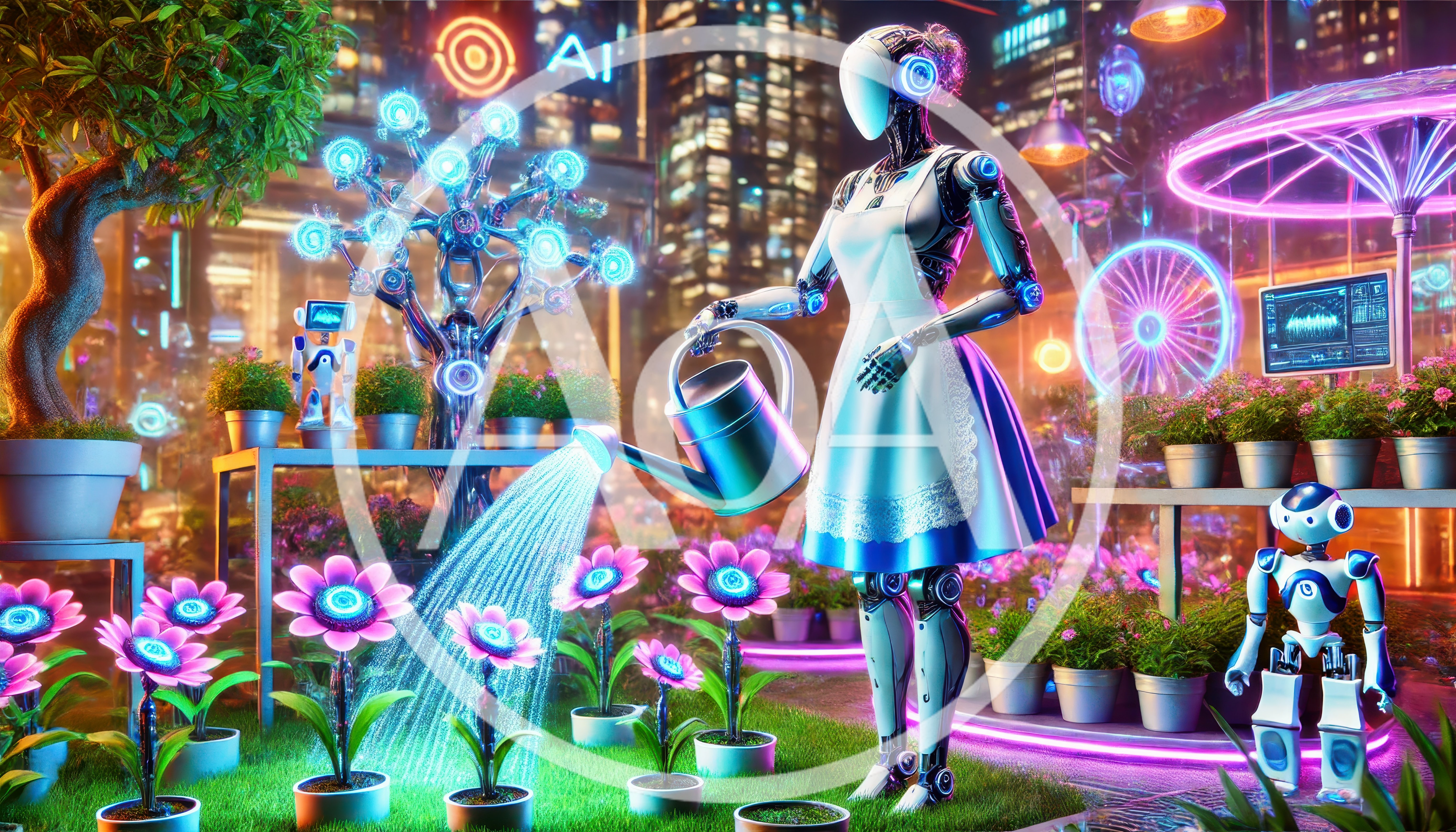 Futuristic Android Robot Watering Glowing Flowers in Cyberpunk Garden