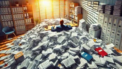 Overwhelmed Businessman Buried Under Massive Piles Of Paperwork