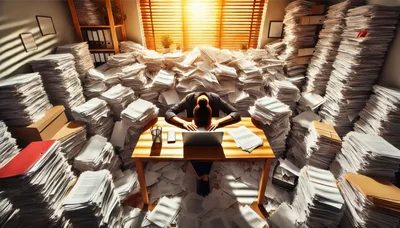Stressed Office Worker Buried Under Massive Paperwork