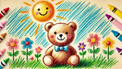 Crayon Drawing Of A Teddy Bear In A Garden