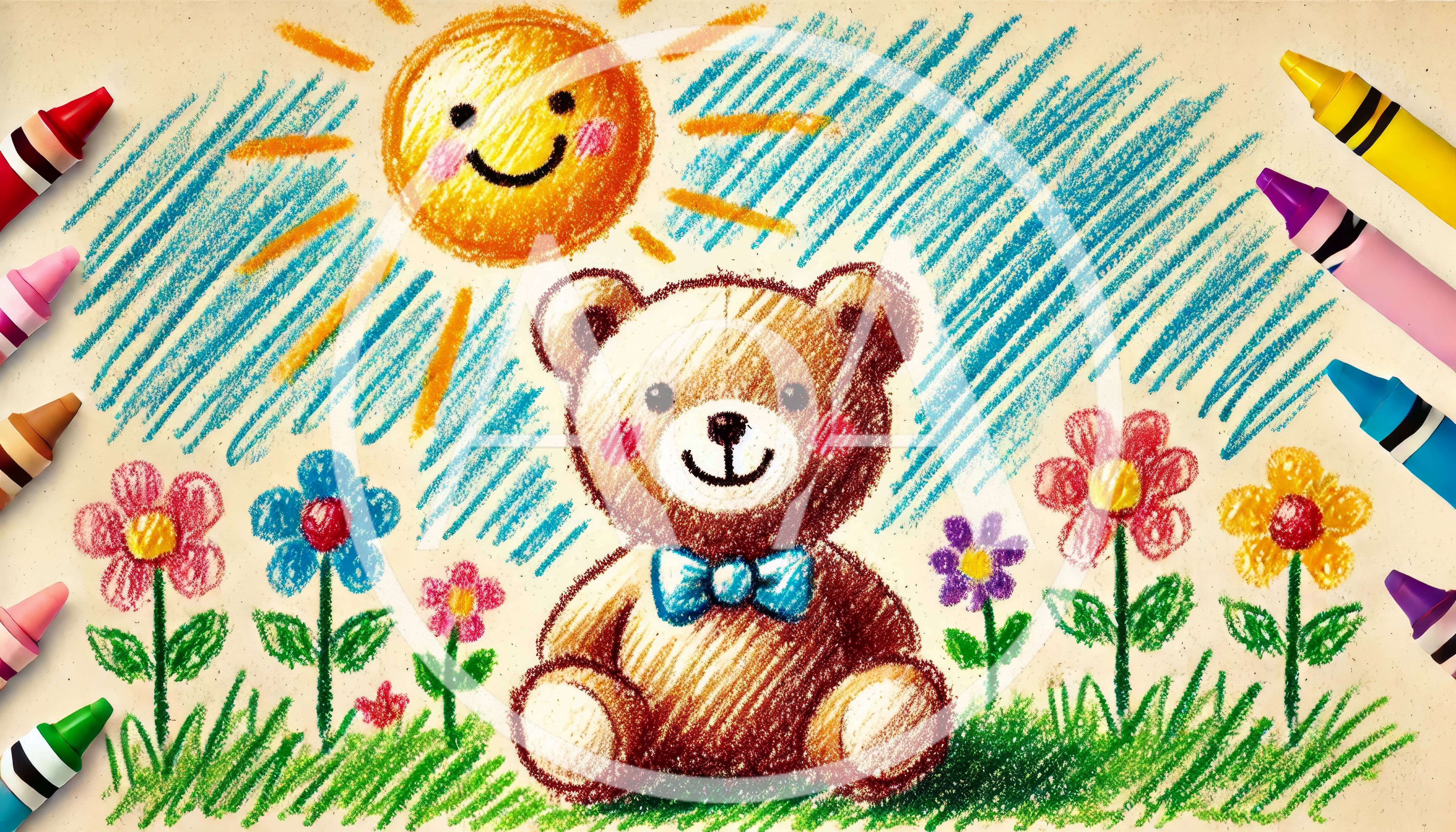 Crayon Drawing Of A Teddy Bear In A Garden
