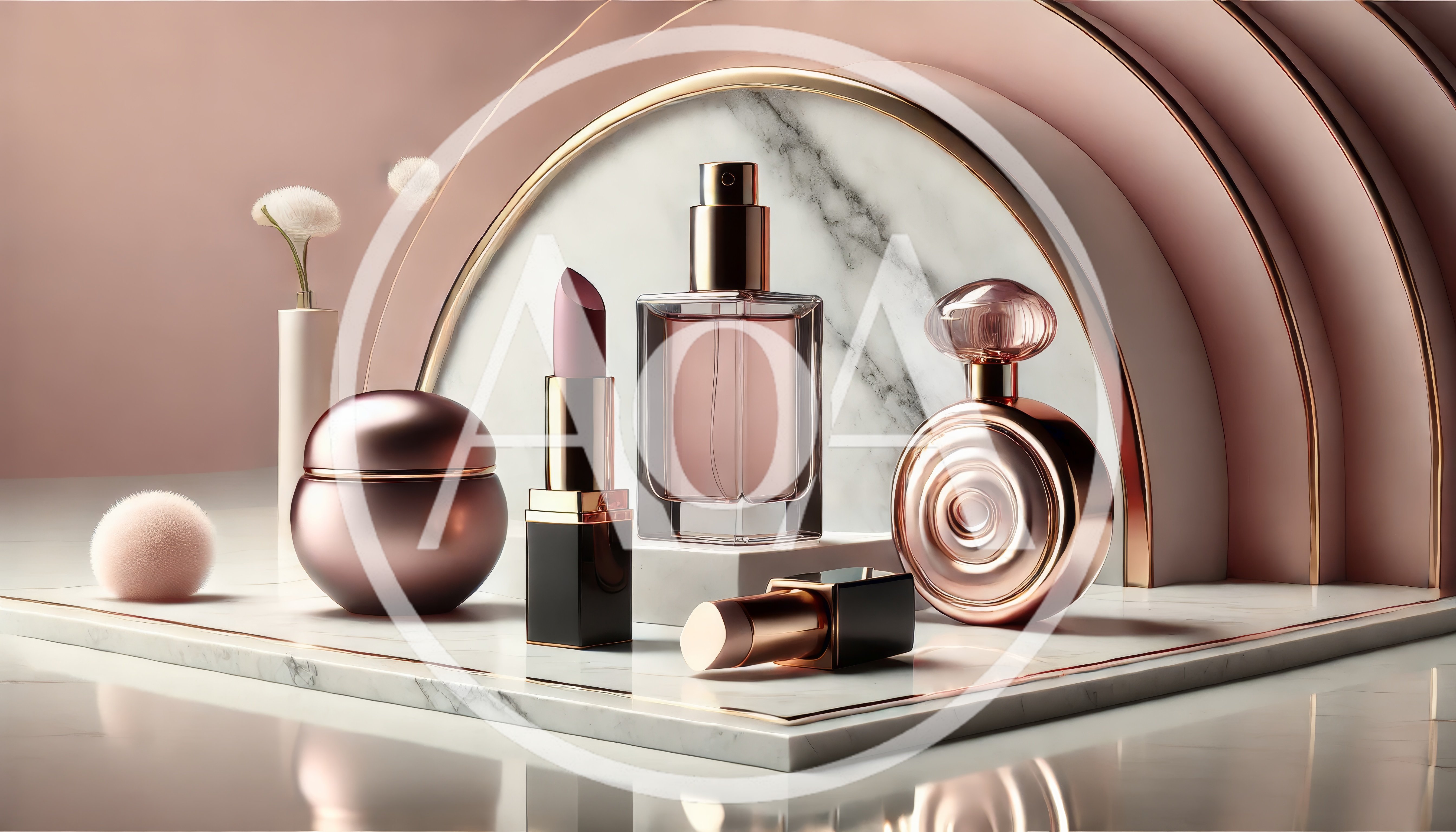Luxury Cosmetic Products Displayed On Marble Podium